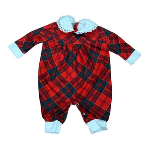 Holiday Plaid Romper Girls Medium Red Lace Collar Flame Resistant Christmas VTG